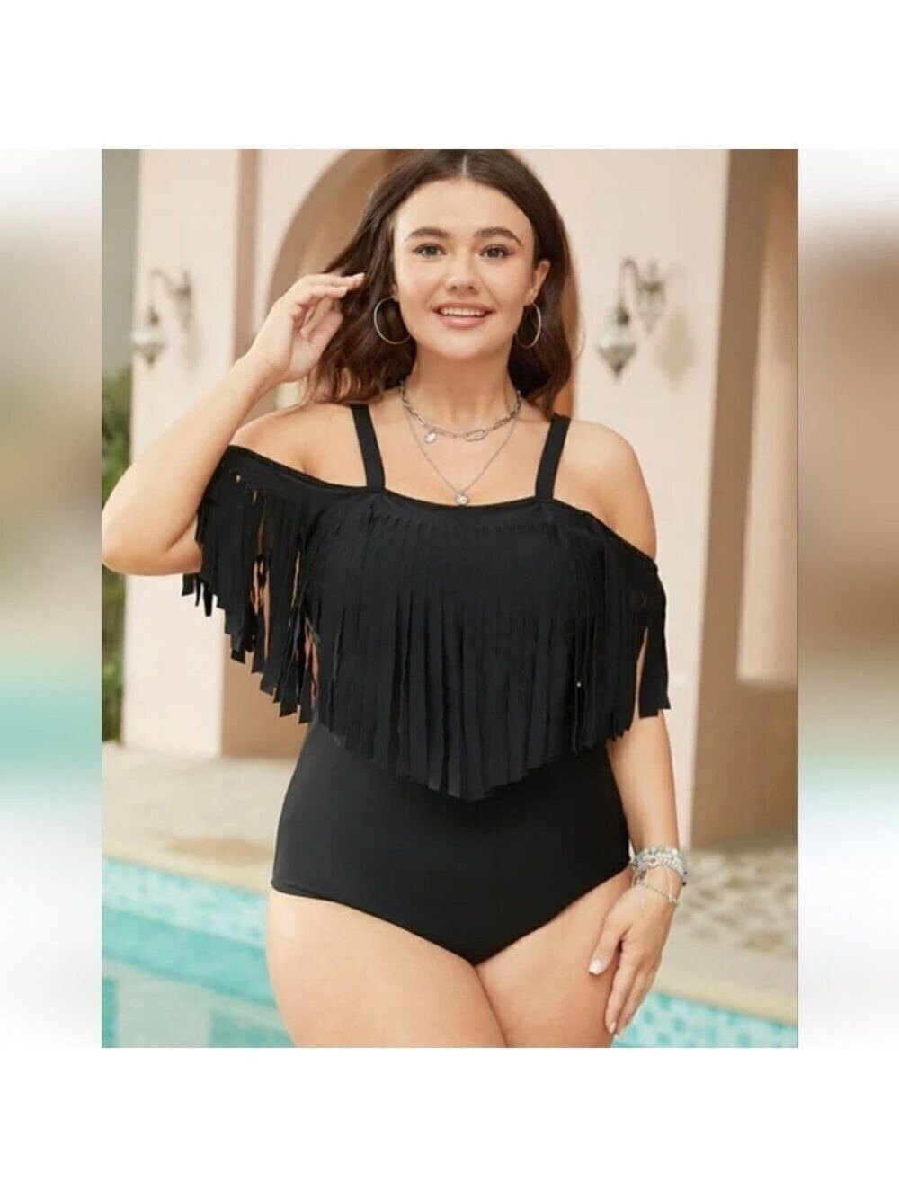 NWT BLOOMCHIC | Cold Shoulder Fringe Trim One Piece Swimsuit black sz 22 24